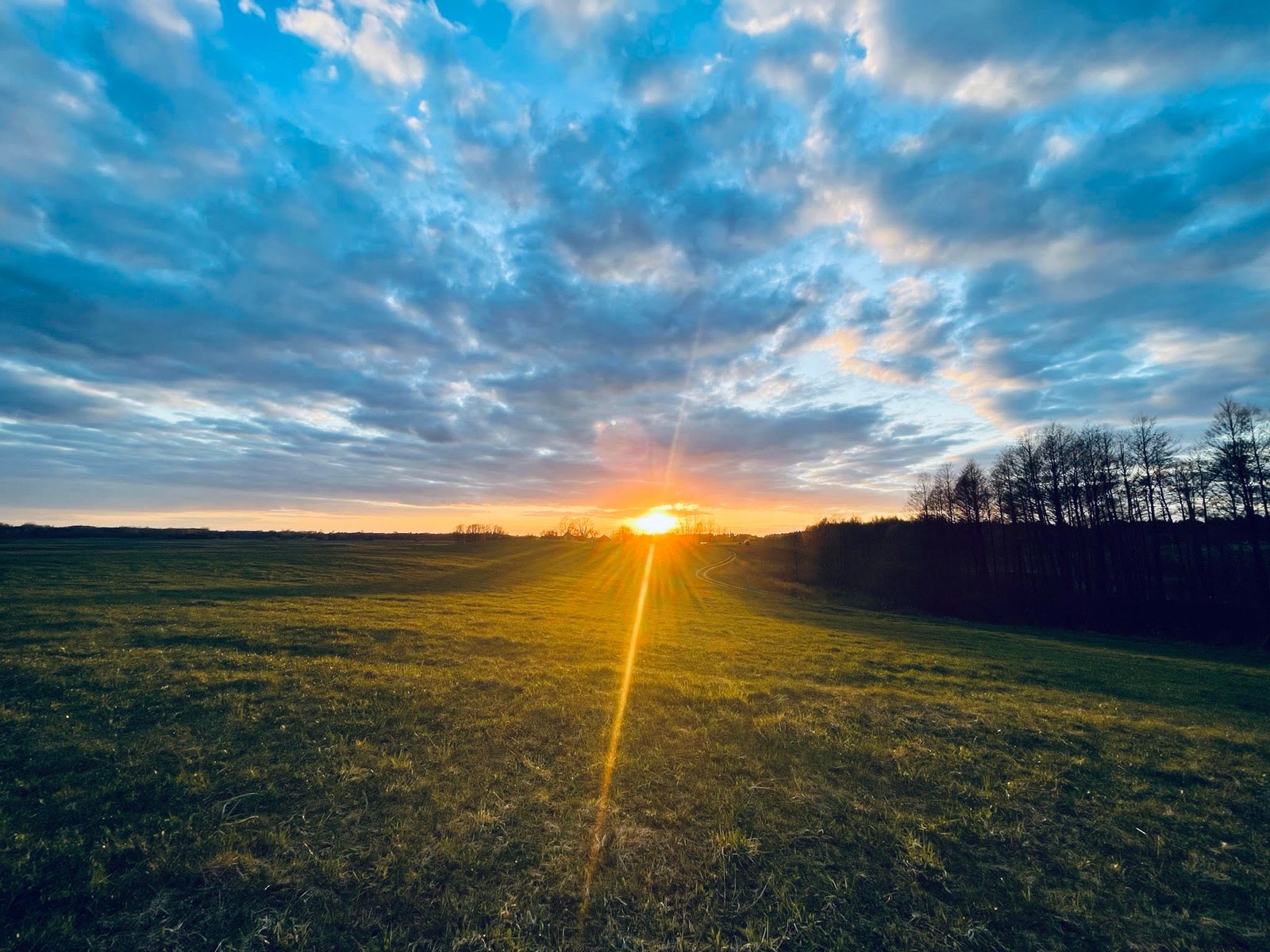 Saulėlydis virš pievų prie sodybos